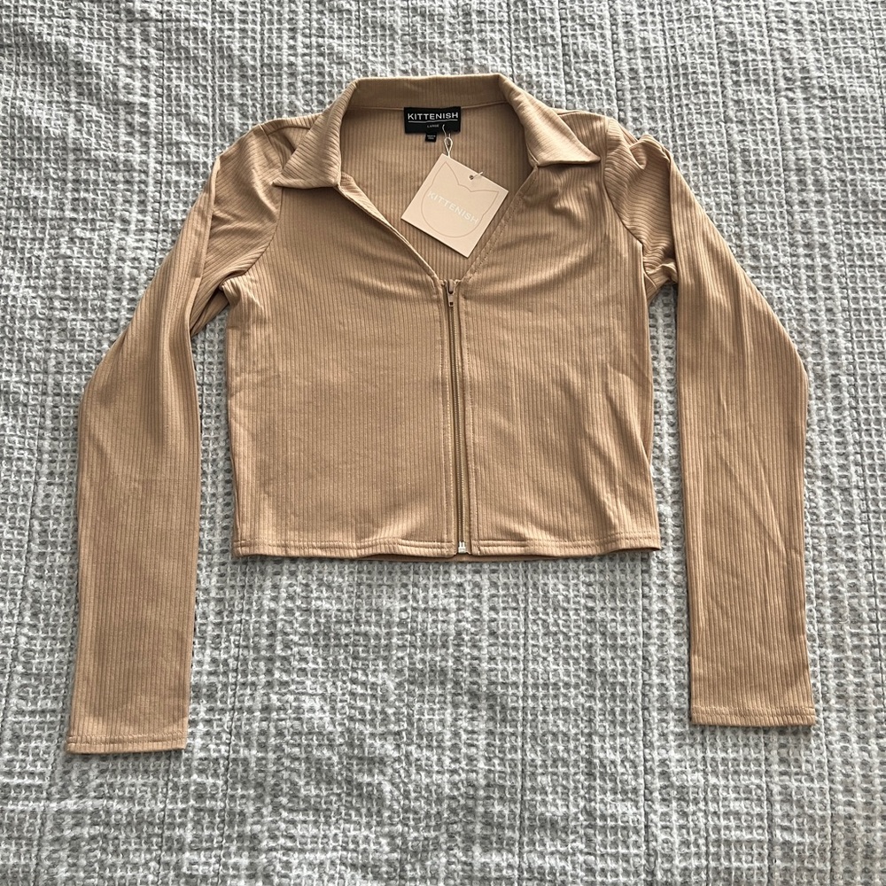 Kittenish Tan Ribbed Zip-Up Top